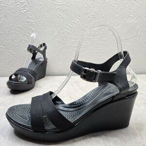 Crocs Ankle Strap Wedge Sandal 9 Black Open Toe Strappy Retro Comfort Platform